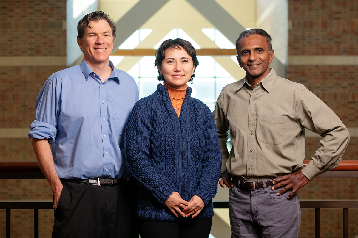  A new study in mice suggests that consuming a high-fat diet in combination with exposure to PFAS triggers changes in benign and malignant prostate cells that promote rapid tumor growth. Food science and human nutrition professor Zeynep Madak-Erdogan, center, led the study. Co-authors include comparative biosciences professor Michael J. Spinella, left, and bioengineering professor Joseph Irudayaraj.
