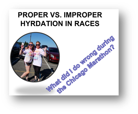 Picture with two women and the words: "Proper vs. Improper Hydration in Races, what did I do wrong during the Chicago Marathon?"