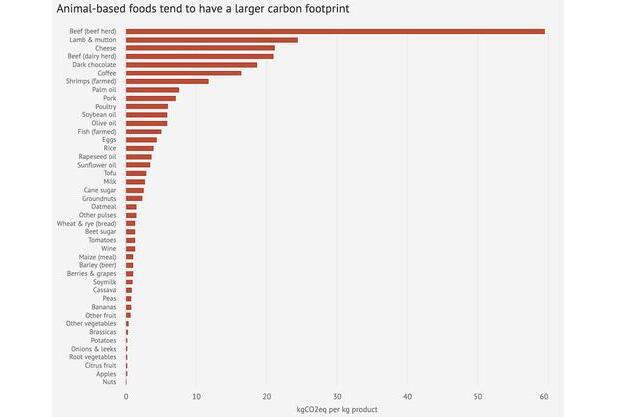 Greenhouse gas emissions per kilogram for different food groups.